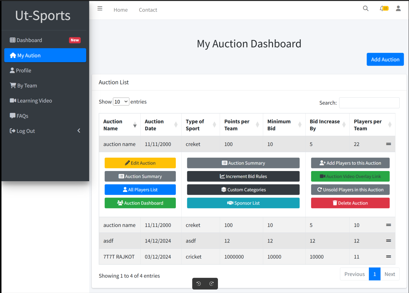 UT-Auction: Cricket Auction Platform project preview